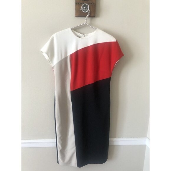 Anne Klein Womens Size 4 Colorblock Sheath Dress Red Black Tan Cream - Picture 1 of 6